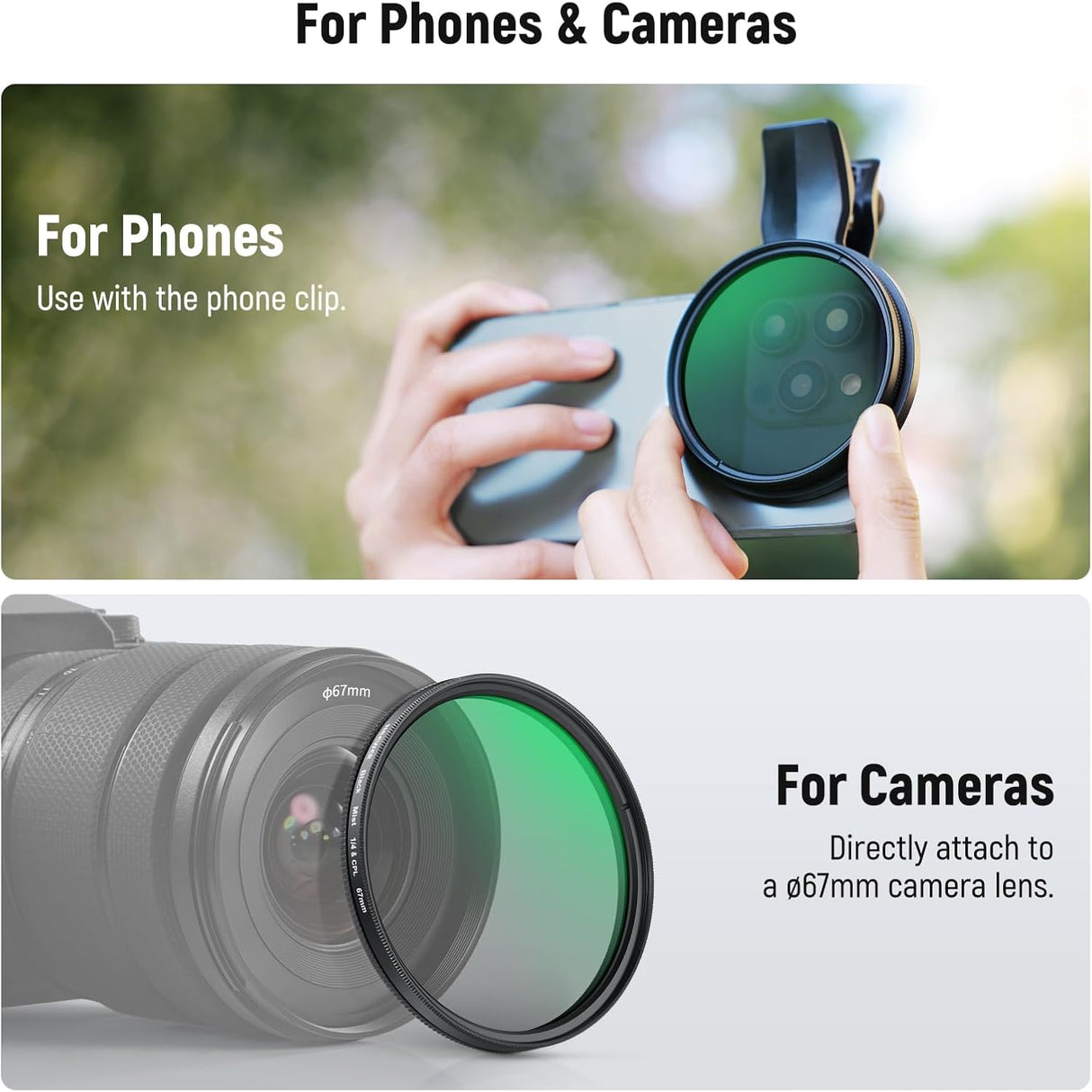 Iphone üçün NEEWER CPL & Black Mist Diffusion 1/4 Filter